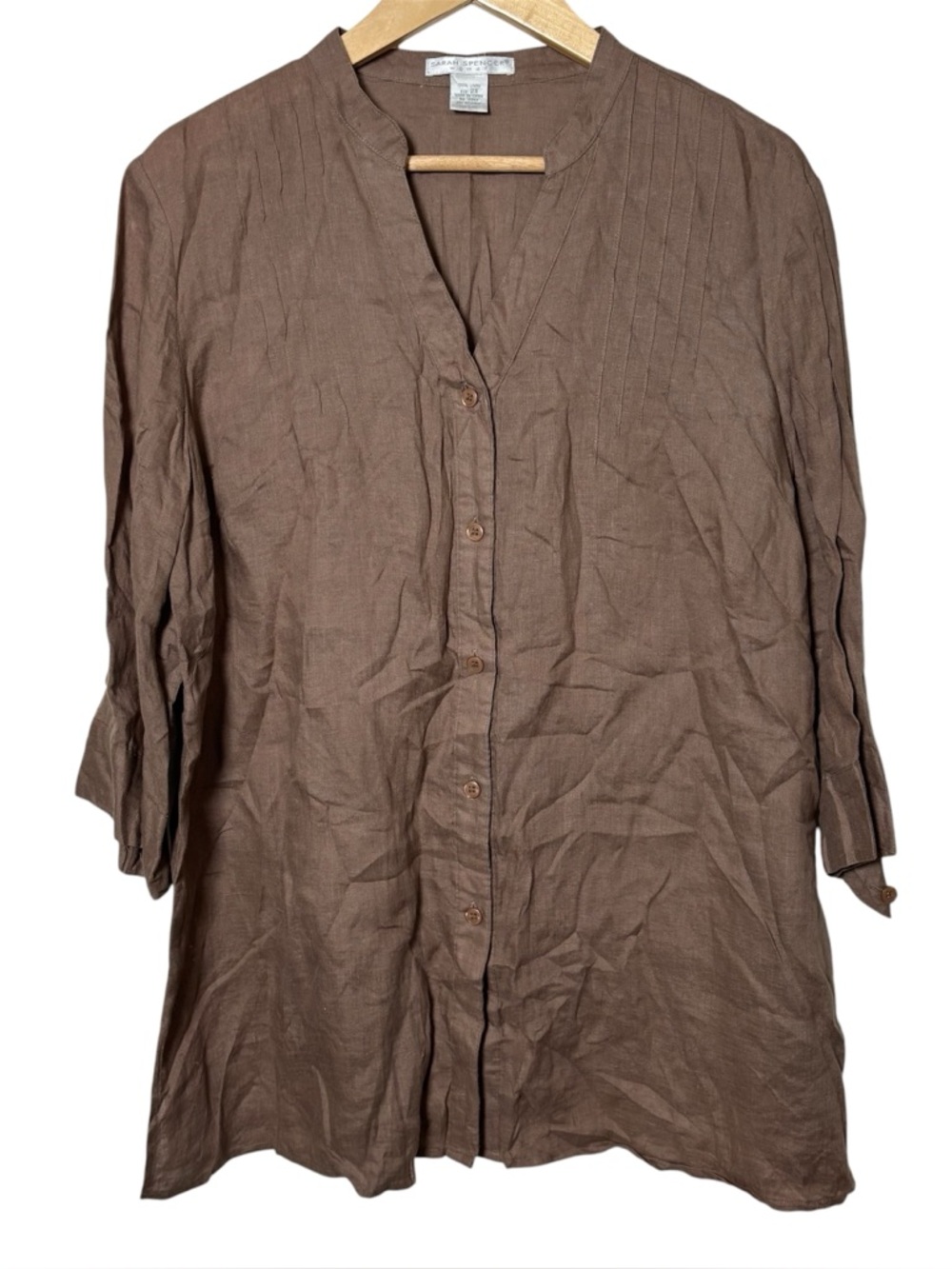 Sarah Spencer 100% Linen Top Womens 2X Brown Button Up Resort Capsule Breathable